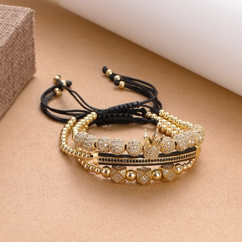 Men Luxury Gold Plated Brass Crown Beaded Bracelet Collection Micro Pave Zirconia Adjustable Braided Rope Jewelry Bracelets