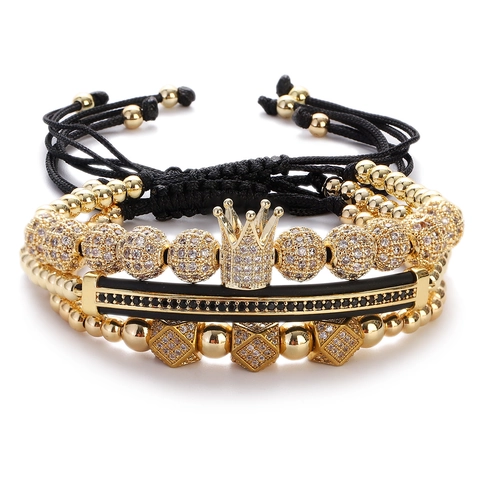 Men Luxury Gold Plated Brass Crown Beaded Bracelet Collection Micro Pave Zirconia Adjustable Braided Rope Jewelry Bracelets