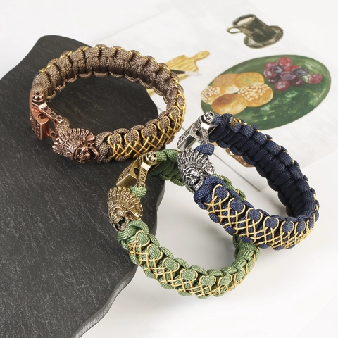 Handmade Men Braided Paracord Bracelet Vintage Copper Skull Chief Lion Head Tribal Style Adjustable Outdoor Jewelry Gift