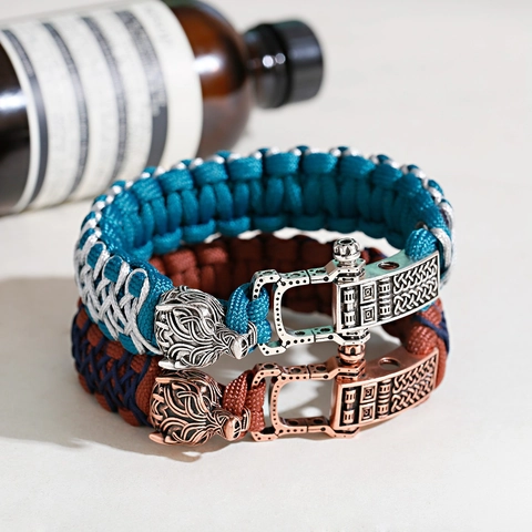 Men Vintage Braided Paracord Bracelet With Alloy Wolf Head Nordic Viking Style Hand Woven Adjustable Wristband Jewelry