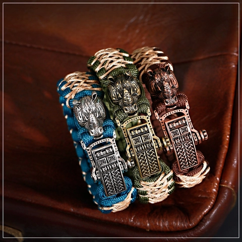 Vintage Rhino Head Braided Paracord Bracelet For Men Alloy Metal Buckle Handmade Outdoor Wristband Fashion Jewelry