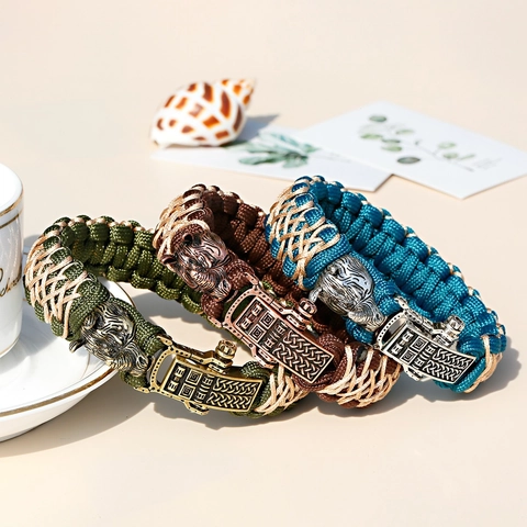 Vintage Rhino Head Braided Paracord Bracelet For Men Alloy Metal Buckle Handmade Outdoor Wristband Fashion Jewelry