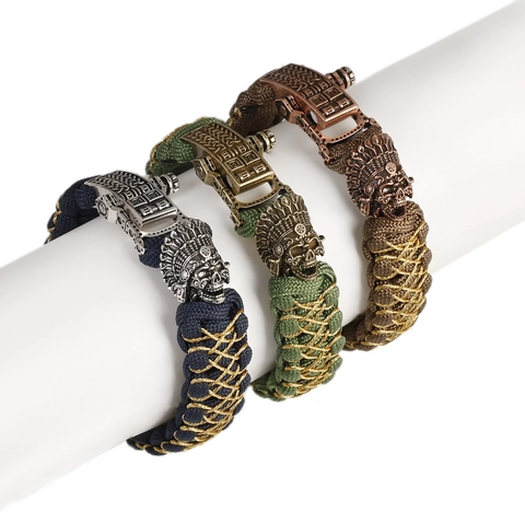 Handmade Men Braided Paracord Bracelet Vintage Copper Skull Chief Lion Head Tribal Style Adjustable Outdoor Jewelry Gift