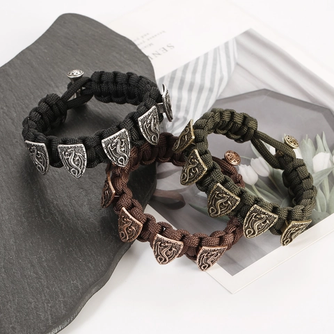 Vintage Men Paracord Woven Bracelet With Alloy Dragon Shield Charms Retro Punk Style Handmade Hand Jewelry Birthday Gift