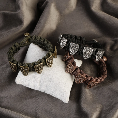 Vintage Men Paracord Woven Bracelet With Alloy Dragon Shield Charms Retro Punk Style Handmade Hand Jewelry Birthday Gift