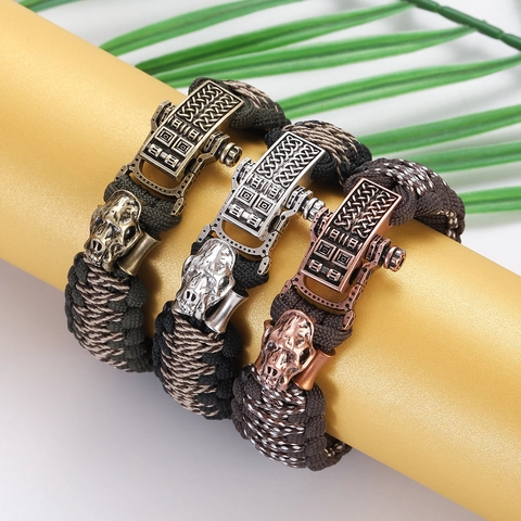 Vintage Men Skull Paracord Woven Bracelet Handmade Distressed Metal Alloy Buckle Adjustable Tactical Bangle Outdoor Jewelry