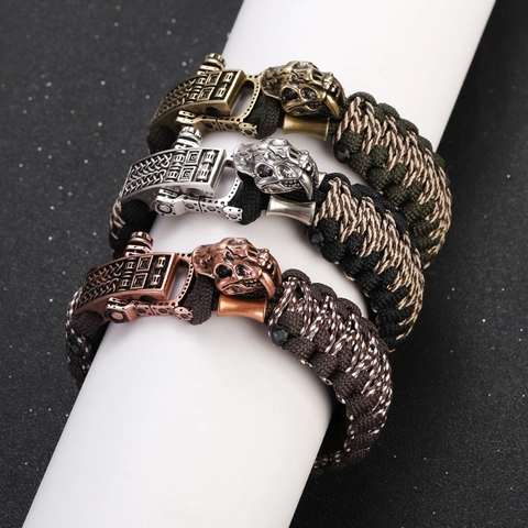 Vintage Men Skull Paracord Woven Bracelet Handmade Distressed Metal Alloy Buckle Adjustable Tactical Bangle Outdoor Jewelry