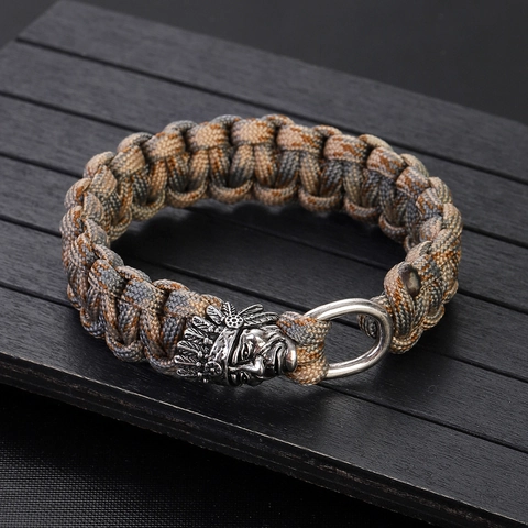Handmade Woven Paracord Bracelet With Copper Skull Tribal Indian Chief Viking Helmet Pendant Outdoor Survival Jewelry For Men