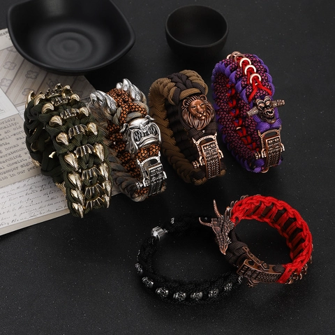 Men's Handmade Paracord Woven Bracelet With Copper Alloy Dragon Lion Bulldog Skull Metal Charms Vintage Punk Jewelry