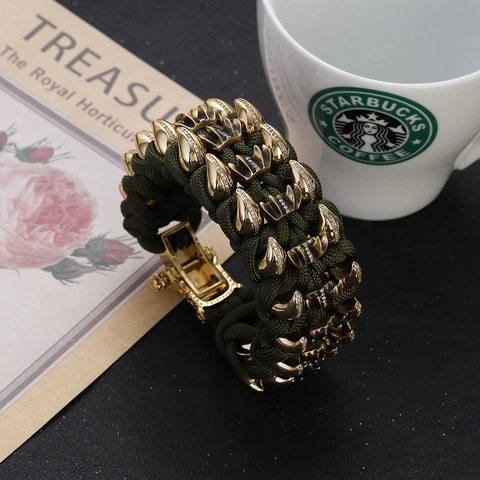 Men's Handmade Paracord Woven Bracelet With Copper Alloy Dragon Lion Bulldog Skull Metal Charms Vintage Punk Jewelry