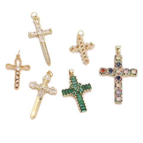 Fashion Copper Gold Plated Cross Pendant For Women Men Religious Rhinestone Inlaid Sword Tiered Crucifix Necklace Jewelry Gift