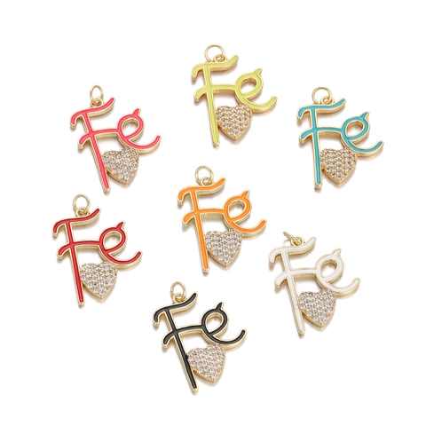 Ciondolo a Forma di Cuore con Lettera Fe Faith Smaltato con Zirconia Intarsiato Ciondolo per Collana in Rame Fai-da-te Gioielli per Donna