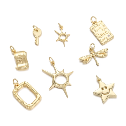 18K Gold Plated Copper Pendants For Jewelry Making Minimalist Star Dragonfly Smiley Face Key Dollar Sign Charms DIY Accessories