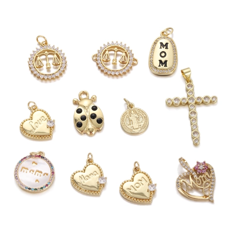 Vintage Copper Gold Plated Heart Mom Pendant With Zirconia Flower Cross Ladybug Balance Scale Mother Day Jewelry Charms