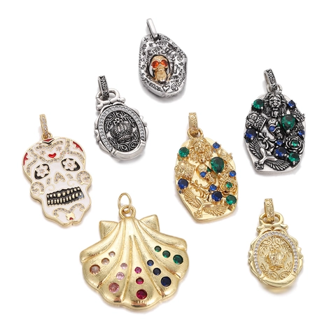 Retro Hip Hop Men Copper Necklace Pendant Gothic Skull Lion Head Scallop Crown Eagle Cubic Zirconia Gold Plated Jewelry