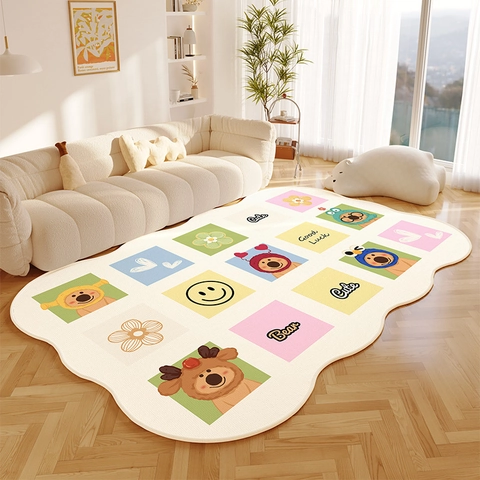 Tapis Antidérapant à Motif Ours Chien Dessin Animé pour Chambre Salon Doux Polyester Décoratif Décoration Maison