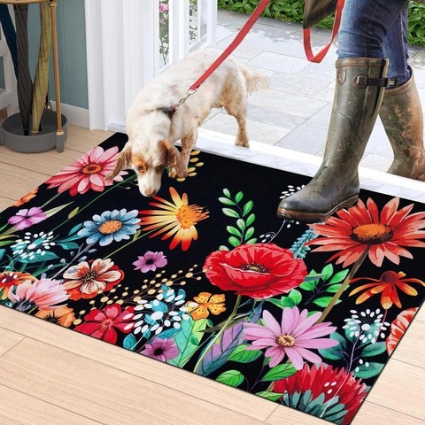 Tappetino in Farina Fossile a Fiori Colorati Assorbente Antiscivolo per Bagno Cucina Ingresso Motivo Floreale Rettangolare