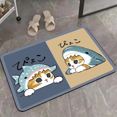 Schattige Cartoon Kat Haai Diatomeeënaarde Badmat Absorberende Antislip Vloermat Voor Badkamer Keuken Ingang Rug Woondecoratie