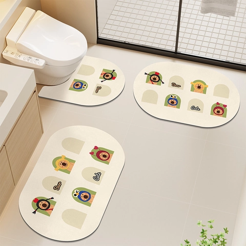 Absorbent Diatom Mud Bathroom Mat Set Cartoon Bear Non-Slip U-Shaped Toilet Rug Quick Dry Floor Mat For Washbasin Entrance