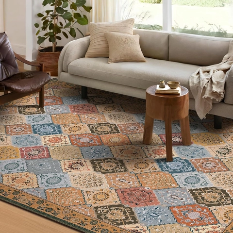 Grand Tapis Style Ethnique Marocain Mandala Vintage Motif Géométrique Antidérapant Lavable en Polyester pour Salon Chambre