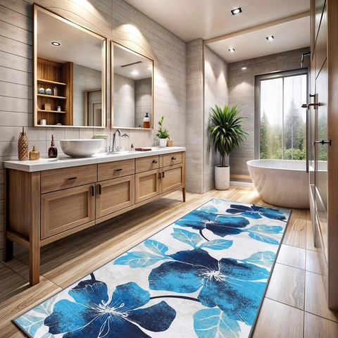Modern Minimalist Polyester Floral Bathroom Mat Water Absorbent Non-Slip Floor Rug Printed Household Entryway Area Rug