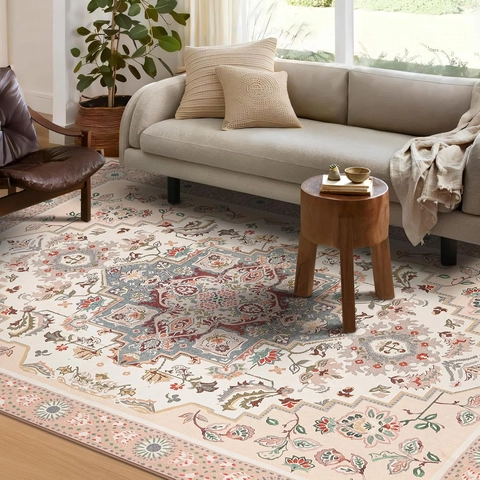 Grand Tapis Style Ethnique Marocain Mandala Vintage Motif Géométrique Antidérapant Lavable en Polyester pour Salon Chambre