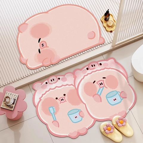 Cartoon Pig Diatom Mud Bathroom Floor Mat Absorbent Quick Dry Non Slip Irregular Kitchen Entryway Rug Home Decor Carpet