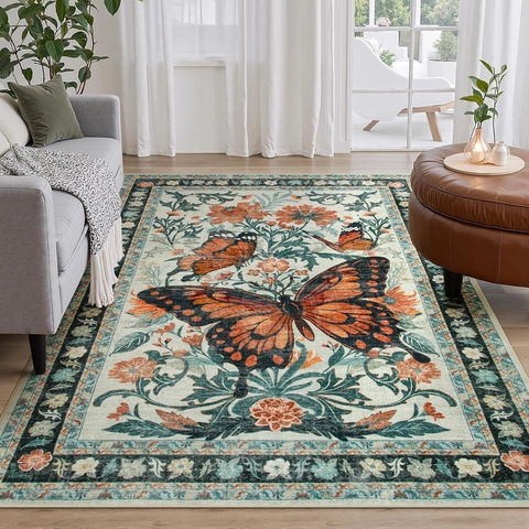 Vintage Butterfly Floral Print Area Rug Non-Slip Polyester Faux Cashmere Carpet For Living Room Bedroom Decorative Floor Mat