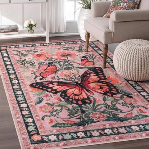 Vintage Butterfly Floral Print Area Rug Non-Slip Polyester Faux Cashmere Carpet For Living Room Bedroom Decorative Floor Mat