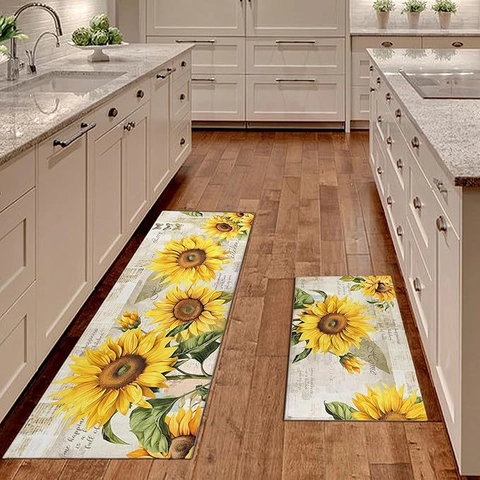 Combinaison de Tapis de Cuisine Style Américain Vintage en Velours de Cristal Polyester Lavable Antidérapant pour Sol de Cuisine Entrée Maison