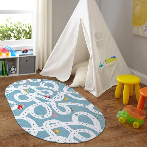 Kids Play Mat Rug Cartoon City Road Traffic Map Non-Slip Polyester Area Rug For Boys Girls Bedroom Playroom Decor