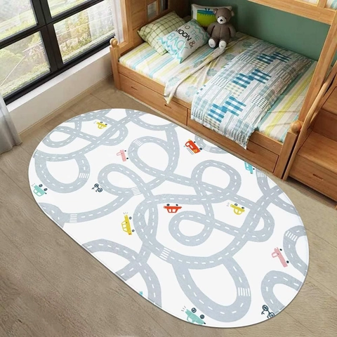 Kids Play Mat Rug Cartoon City Road Traffic Map Non-Slip Polyester Area Rug For Boys Girls Bedroom Playroom Decor
