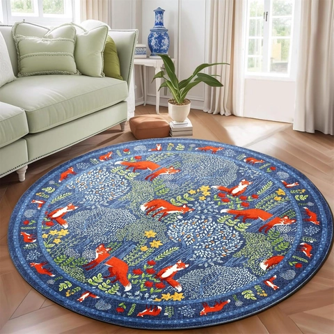 Alfombra Americana Redonda Diseño Bosque Zorros Antideslizante de Poliéster para Sala de Estar Dormitorio Alfombra Decorativa Lavable