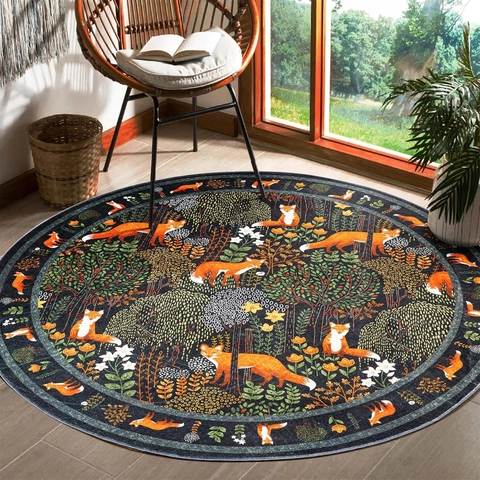 Alfombra Americana Redonda Diseño Bosque Zorros Antideslizante de Poliéster para Sala de Estar Dormitorio Alfombra Decorativa Lavable