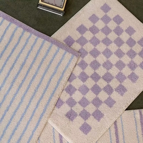 Faux Cashmere Area Rug Non-Slip Absorbent Floor Mat Korean Ins Style Checkered Striped Bedside Carpet For Home Bedroom Decor