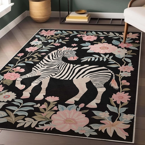 Tapis de Luxe Européen en Velours de Cristal Imprimé Zèbre Floral Vintage Rectangulaire Antidérapant pour Salon Chambre