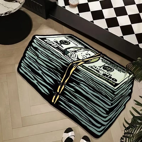 Tappeto Creativo Irregolare con Stampa Banconota da 100 Dollari Poliestere Finto Cashmere Antiscivolo Zerbino per Casa