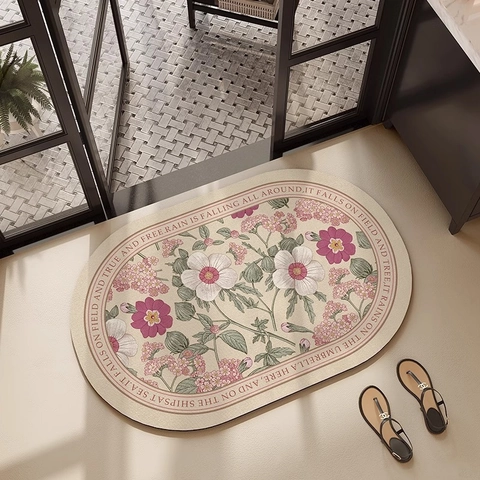 Tapis de Sol en Terre de Diatomée Floral Vintage Américain Absorbant Antidérapant Paillasson Entrée Motif Botanique Rétro Tapis Salle de Bain Cuisine