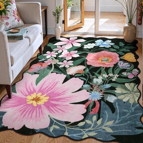 Tapis Moderne Imprimé Floral Bords Festonnés Faux Cachemire Tapis de Sol Bohême Oeil du Diable Abstrait Décoratif pour Salon Chambre