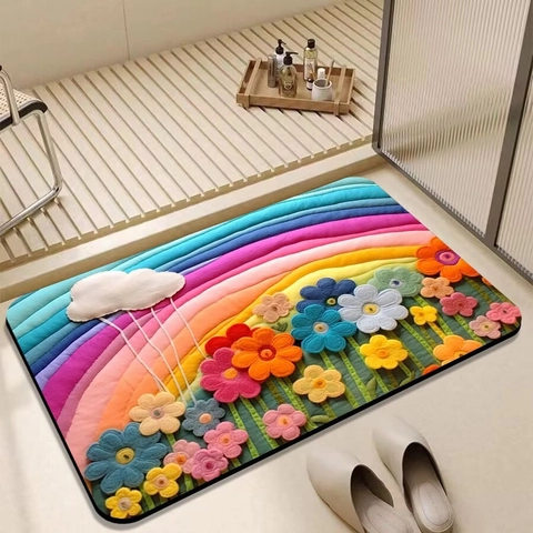 Tapis de Bain 3D Floral Arc-en-ciel Absorbant Séchage Rapide Antidérapant Terre de Diatomée pour Entrée Décoration Moderne