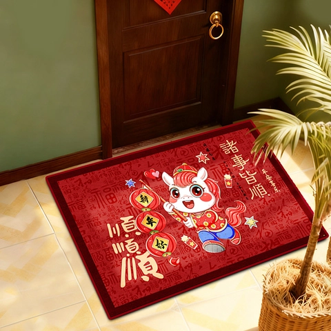Cartoon Zodiac Horse Red Entrance Door Mat Non-Slip Crystal Velvet Floor Rug For Entryway Kitchen Bathroom Home Decoration