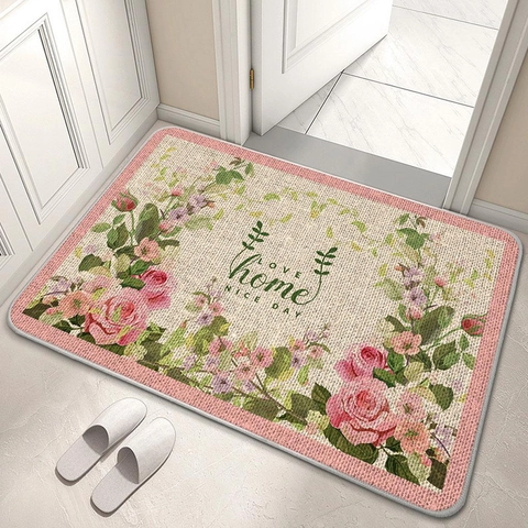 Tappetino da Bagno Pastorale a Fiori in Lino e Fango di Diatomee Asciugatura Rapida Assorbente Antiscivolo Zerbino Ingresso per Casa Bagno Cucina