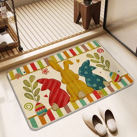 Easter Bunny Eggs Linen Floor Mat Non-Slip Quick Drying Bath Mat For Bathroom Kitchen Entrance Home Decor Happy Easter