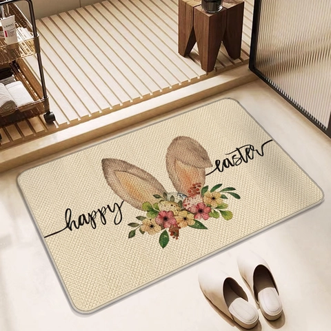 Easter Bunny Eggs Linen Floor Mat Non-Slip Quick Drying Bath Mat For Bathroom Kitchen Entrance Home Decor Happy Easter