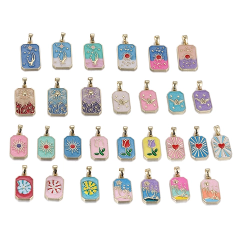 Elegante Koperen Emaille Rechthoekige Hanger Tarot Stijl Olieverf Engel Zon Bloem Charms Voor Vrouwen Sieraden Maken Accessoires