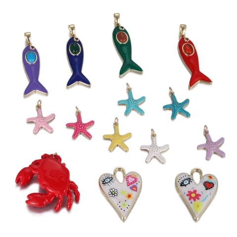 Marine Life DIY Charms Pendants Copper Zirconia Enamel Fish Starfish Crab Animal Heart Pendants For Jewelry Making