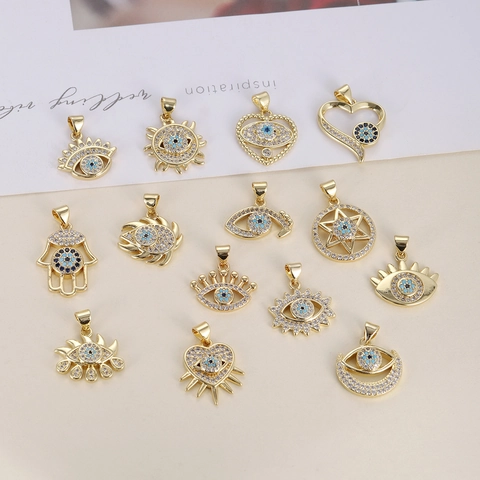 Ciondoli in Rame Vintage Turkish Evil Eye Zirconia Mano di Fatima Cuore Sole Luna Ciondoli Placcati in Oro Accessori per Gioielli Fai da Te