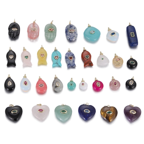 Natural Stone Geometric Pendant Charms DIY Lucky Fish Heart Hamsa Hand Jewelry Accessories Electroplated Alloy Rhinestone Pendants