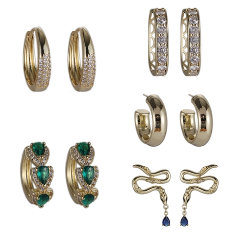 Elegant Copper Rhinestone Earrings For Women Snake Drop Hoop C-Shape Chunky Gold Silver Dangle Emerald Blue Stud Jewelry