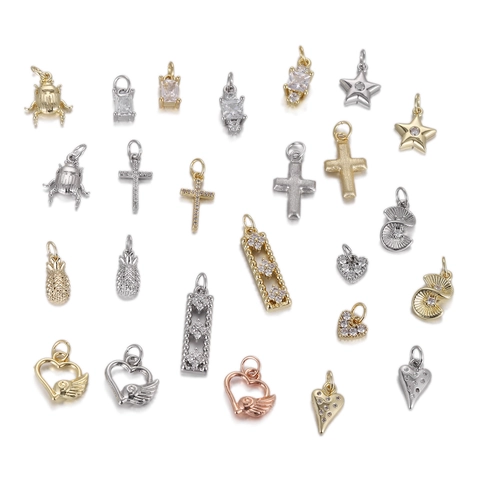 Fashion Copper DIY Pendants Cross Heart Star Beetle Pineapple Rhinestone Inlaid Jewelry Making Small Charms Gold Silver Plated